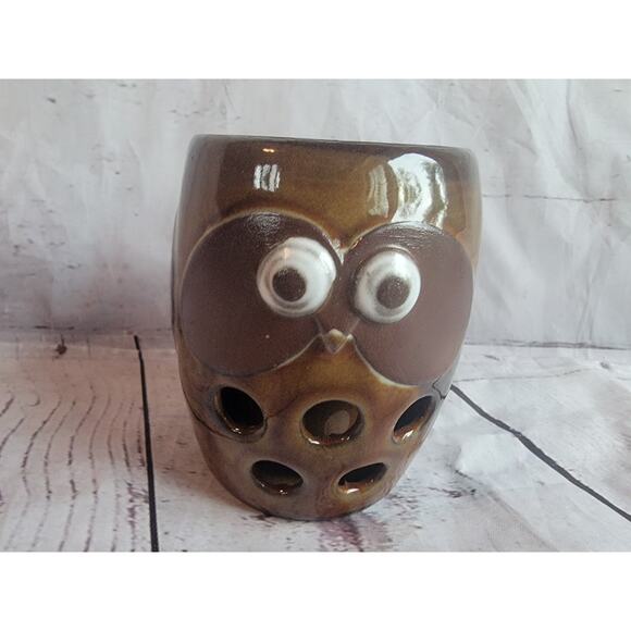 Vintage OMC Art Pottery Owl Cup Boho Planter Candle Pencil Brush Holder - Picture 2 of 7